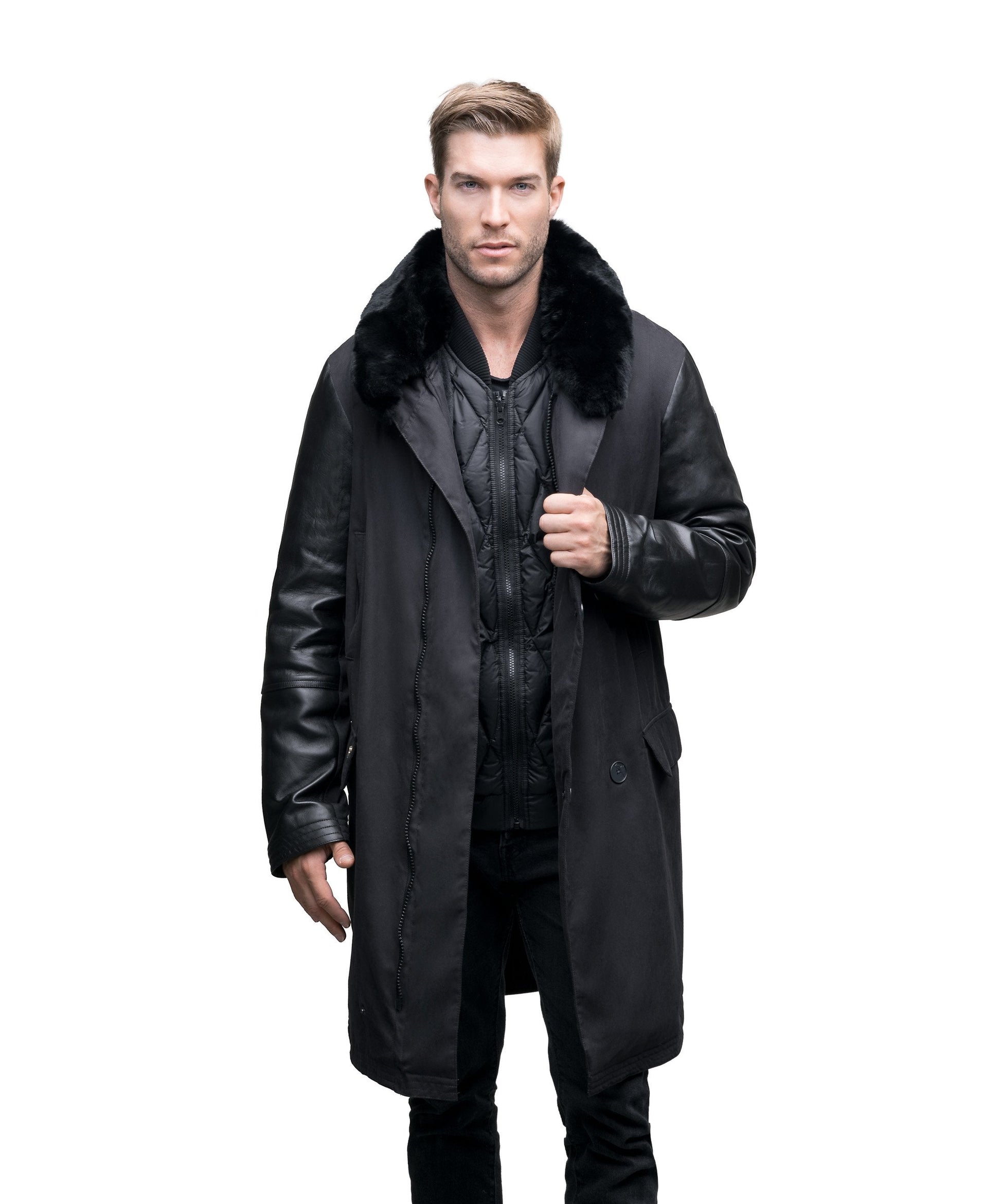 Men's down filled coat with machine washable leather sleeves, removable liner, and Rex Rabbit fur ruff in Black