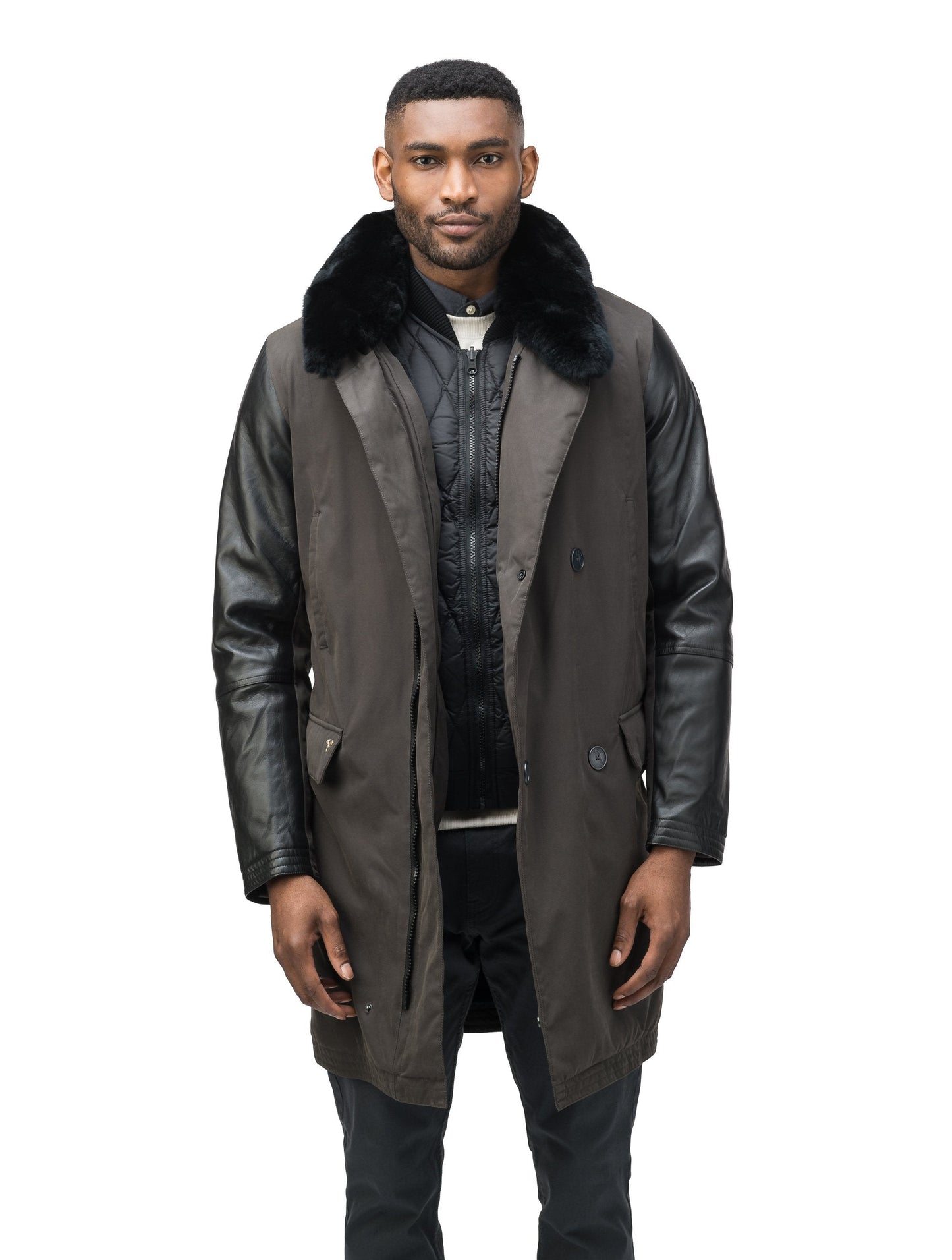 Men's down filled coat with machine washable leather sleeves, removable liner, and Rex Rabbit fur ruff in Brown