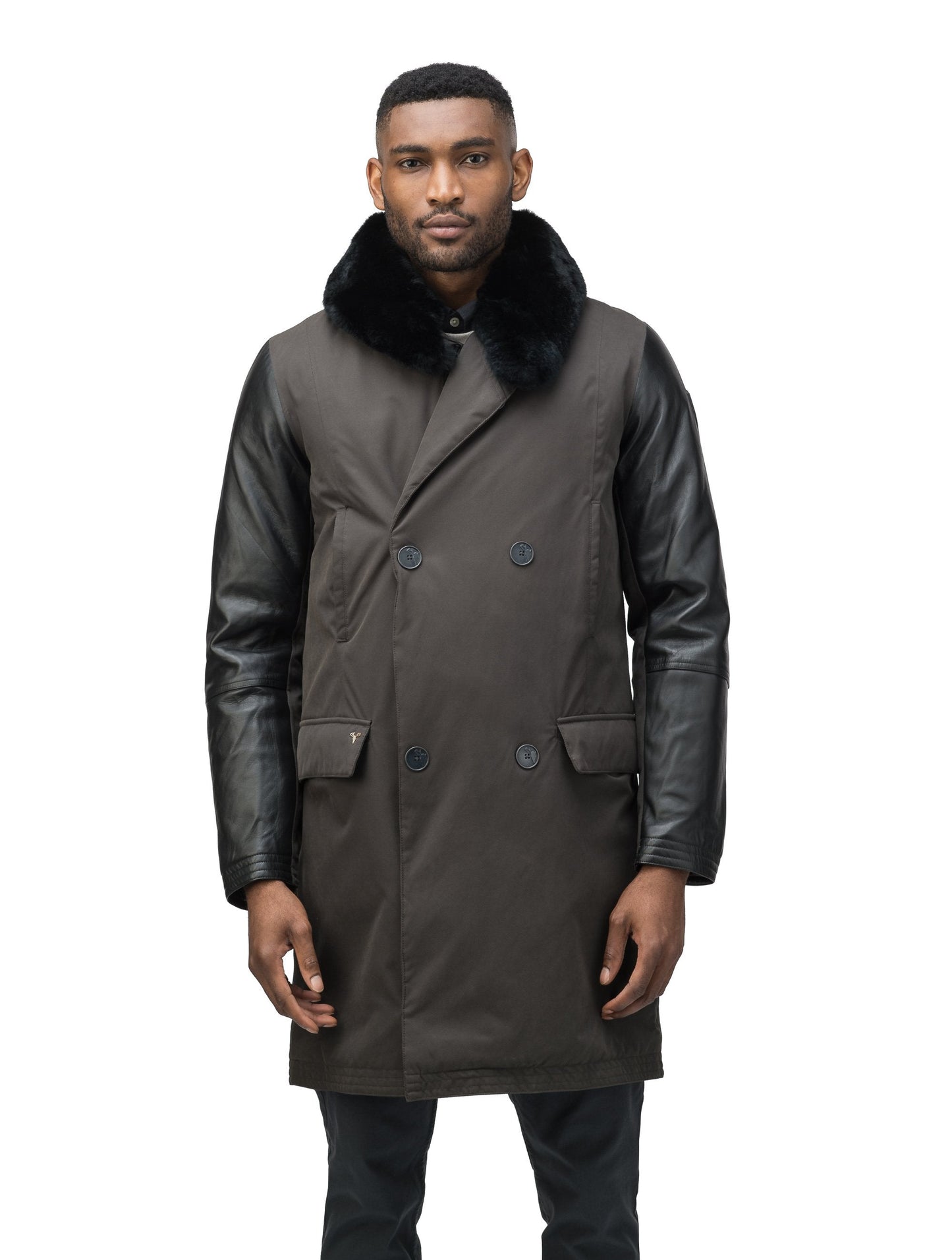 Men's down filled coat with machine washable leather sleeves, removable liner, and Rex Rabbit fur ruff in Brown