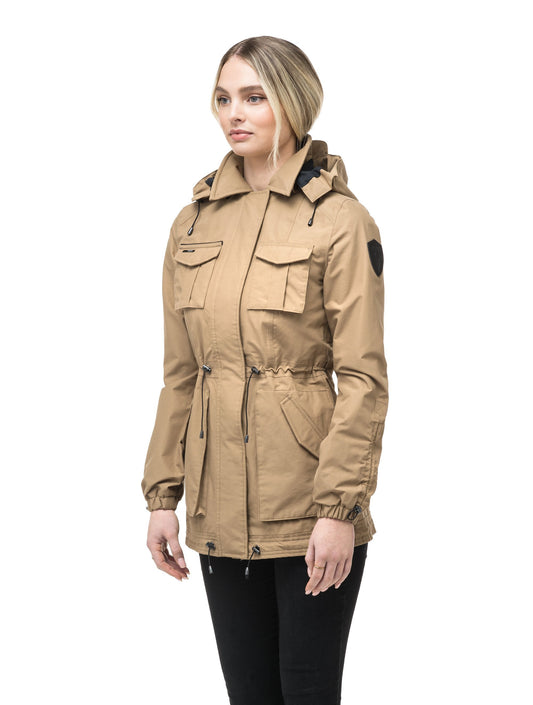 Women's hooded shirt jacket with four front pockets and adjustable waist in Tan