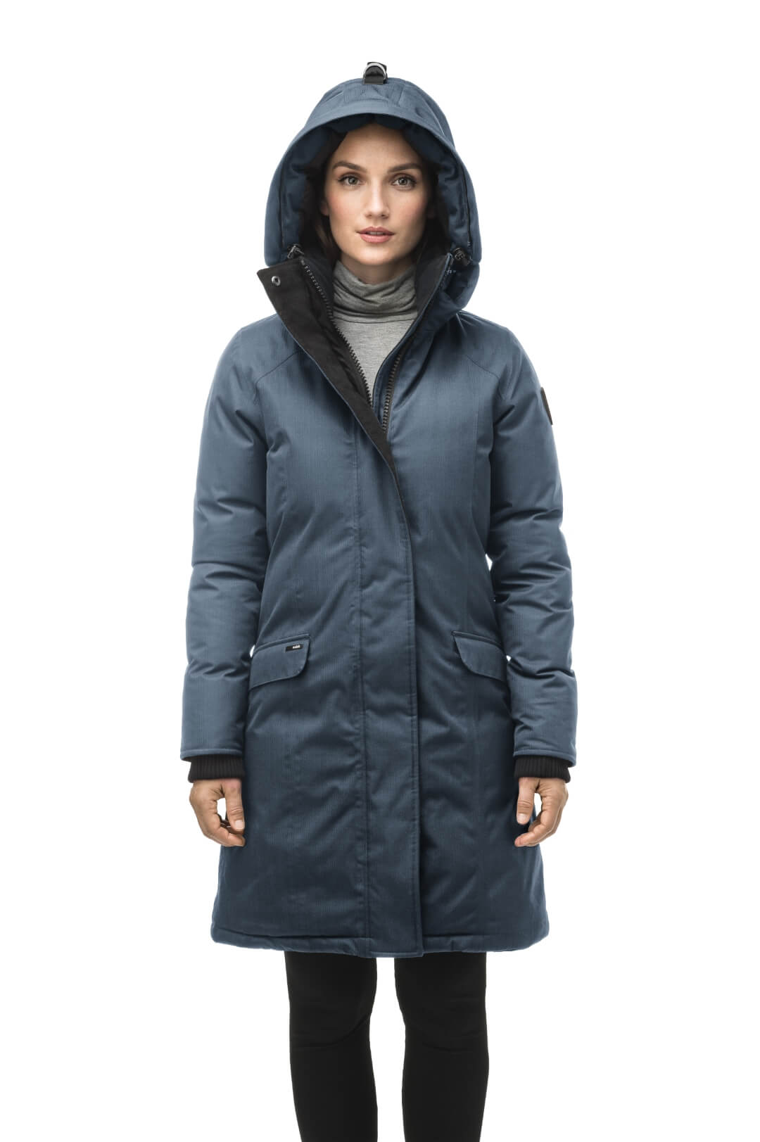 Rebecca Women's Parka in knee length, Canadian duck down insulation, two-way zipper with magnetic front placket, non-removable hood with removable coyote fur trim, in Balsam