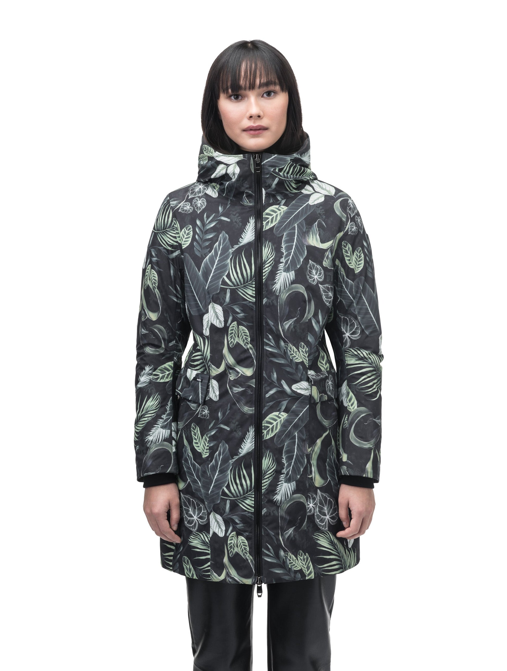Romeda Ladies Mid Thigh Parka in thigh length, Canadian duck down insulation, non-removable hood with removable fur ruff trim, and two-way front zipper, in Foliage