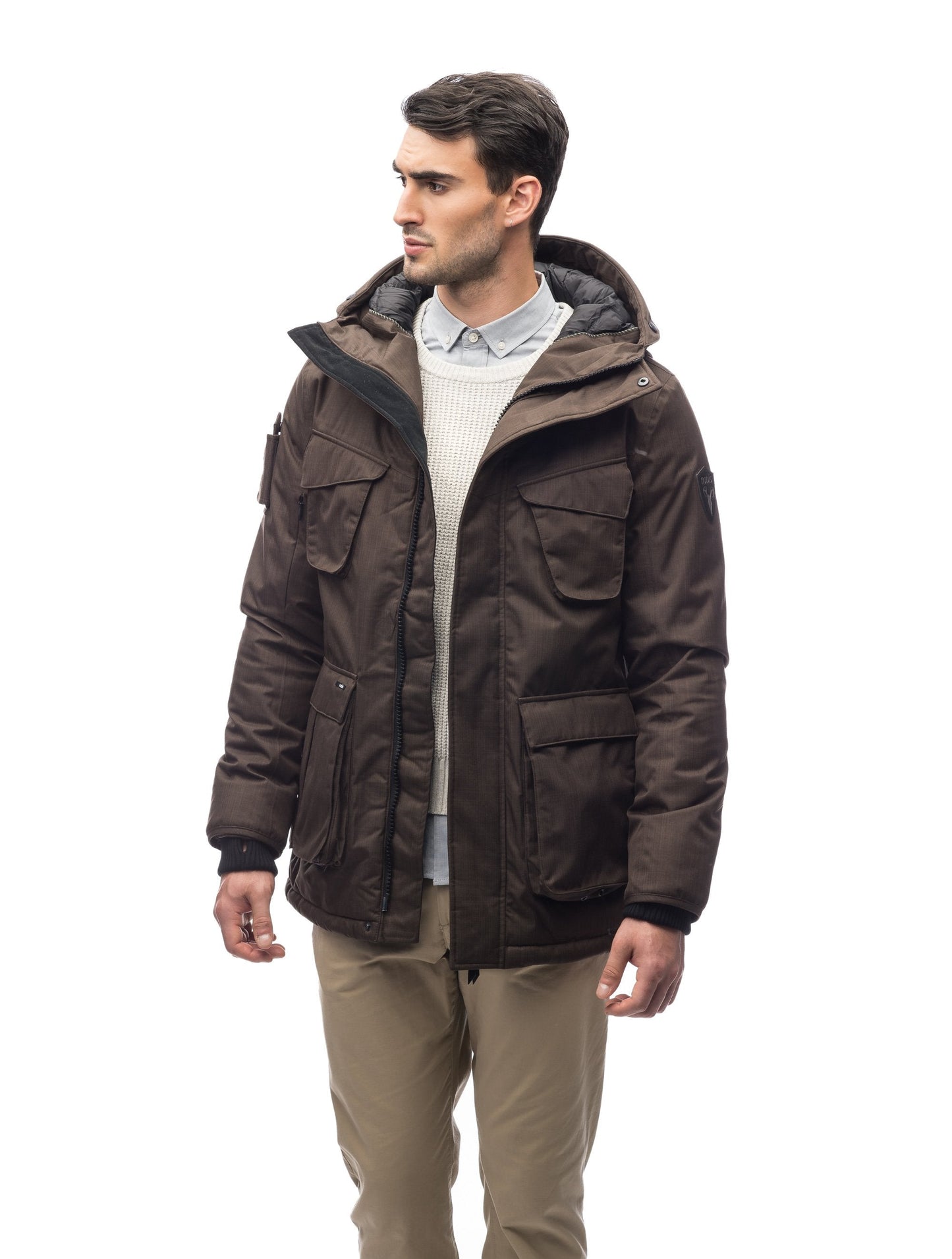 Waist length men's down filled parka with four patch pockets in CH Brown