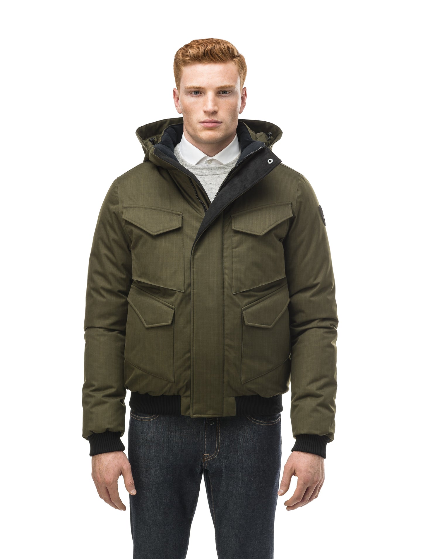 Men's sleek down filled bomber jacket with clean details and a fur free hood in CH Fatigue