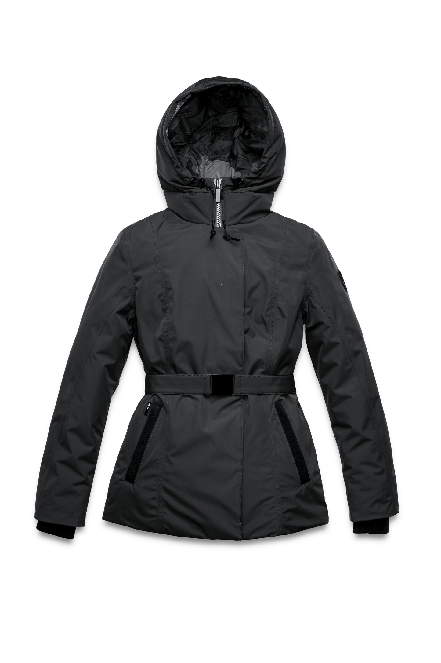 Ladies hip length down-filled parka with non-removable hood and adjustable belt in Black