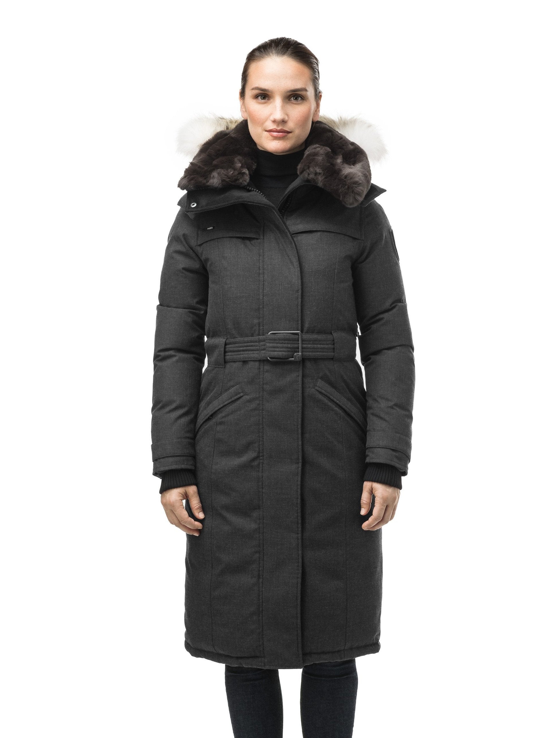 Women's knee length down filled parka with a belted waist and fully removable Coyote and Rex Rabbit fur ruffs in H. Black