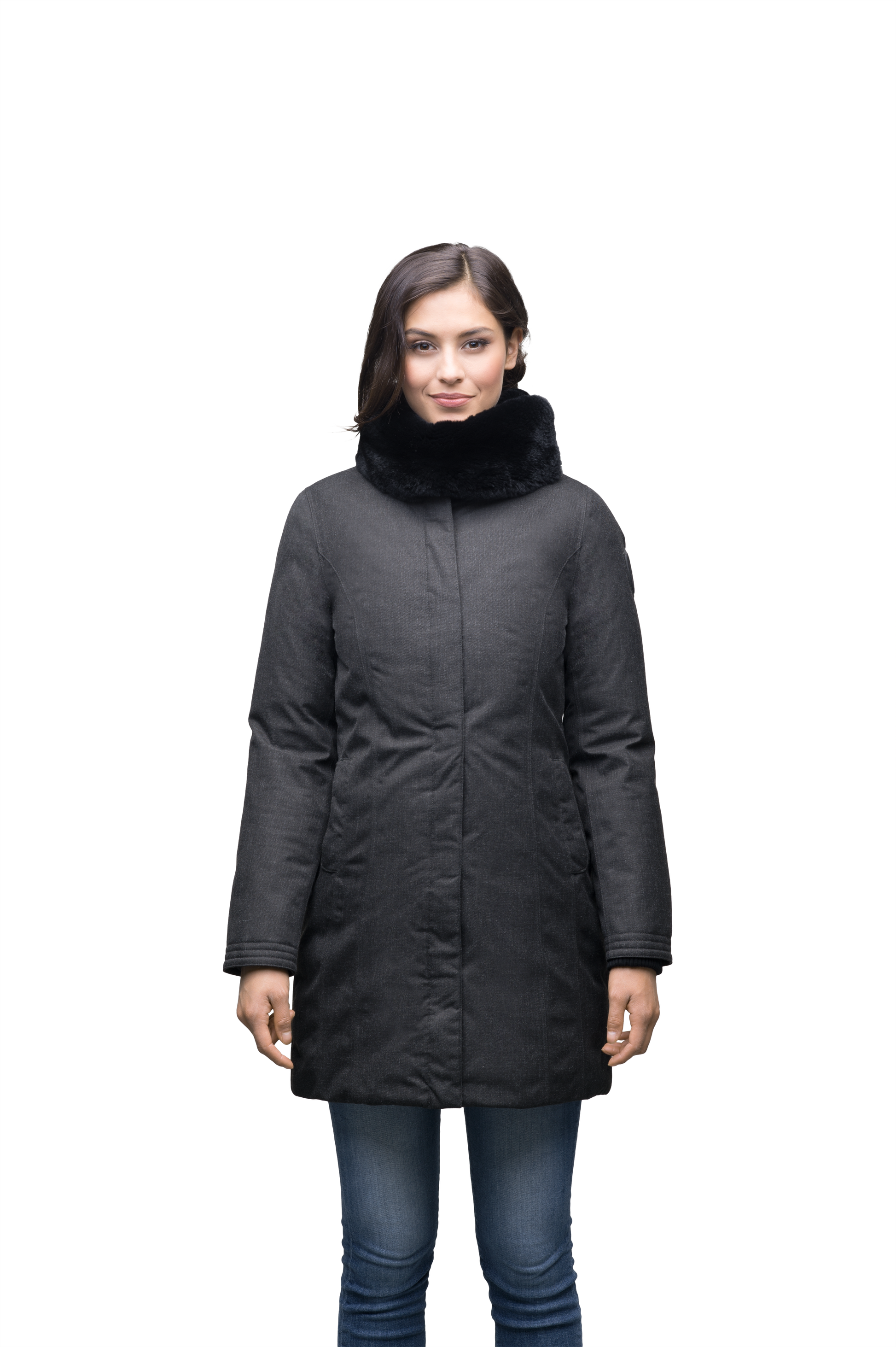Ladies thigh length down-filled coat with removable fur collar in Black