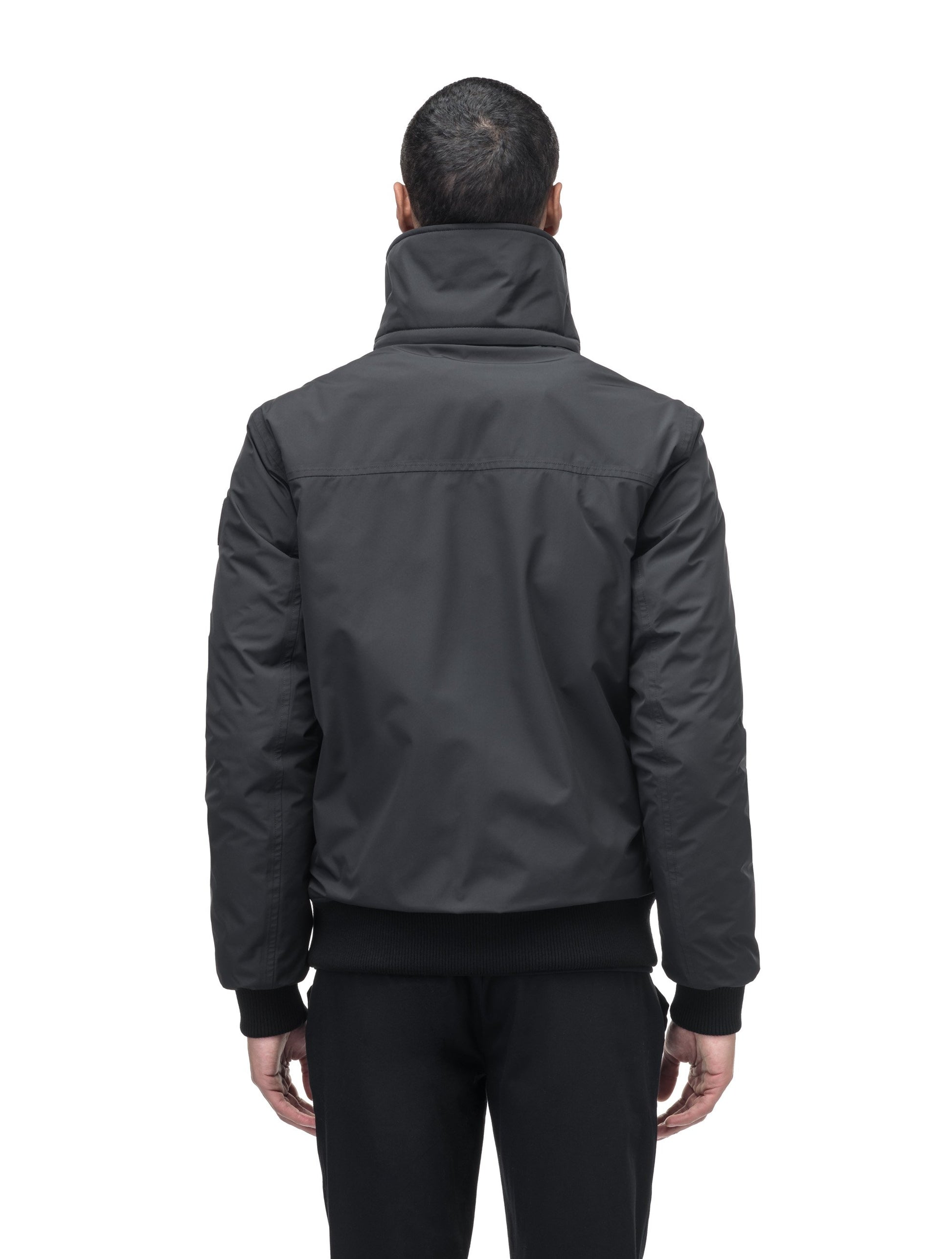 Sonar Men's Aviator Jacket in hip length, Canadian duck down insulation, removable shearling collar with hidden tuckable hood, and two-way front zipper, in Black