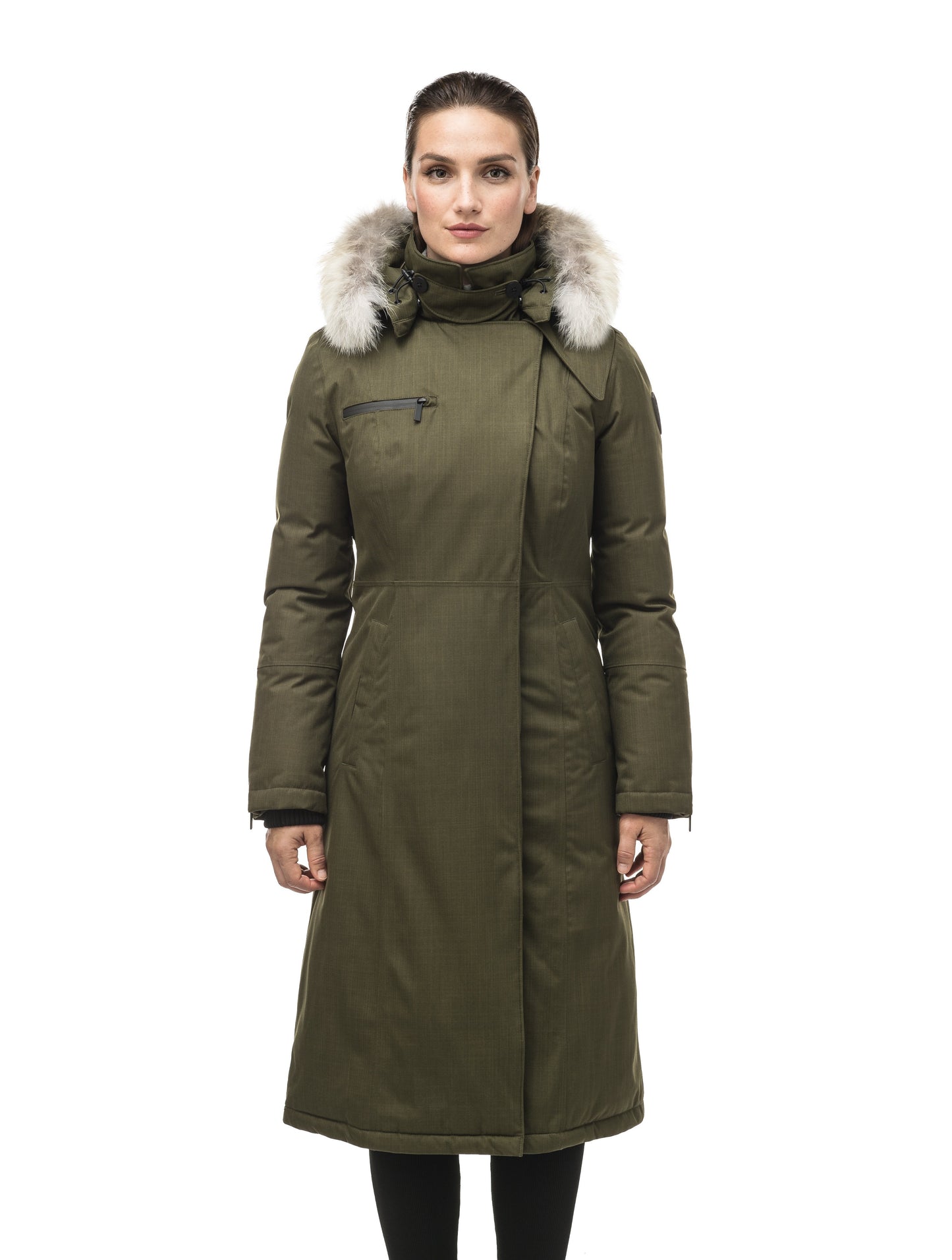 Long calf length women's trench inspired parka with removable fur trim around the hood and an asymetric closure in Fatigue