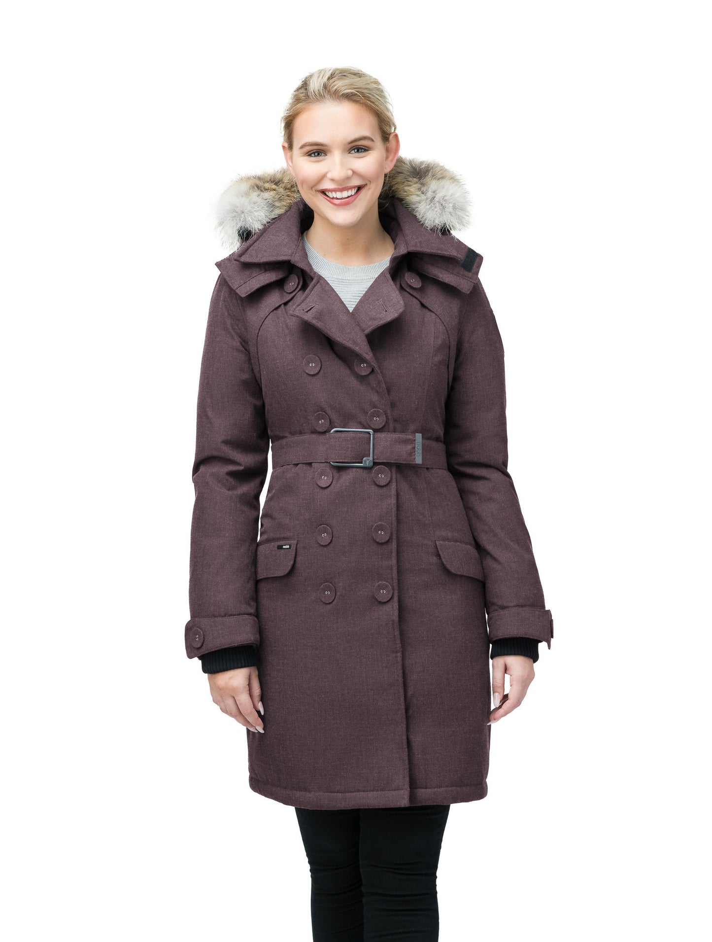 Women's down filled double breasted peacoat with a belted waist in H. Burgundy