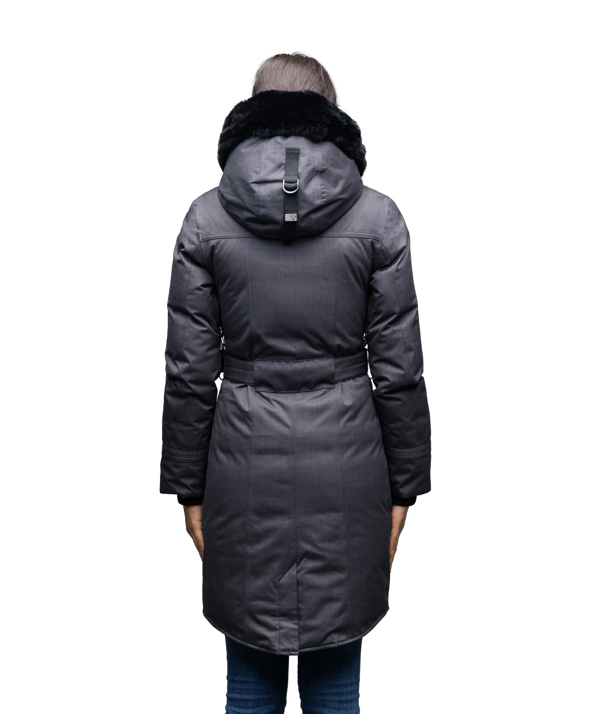 Women's down filled calf length parka with belted waist, and removable Rex Rabbit fur collar in CH Steel Grey