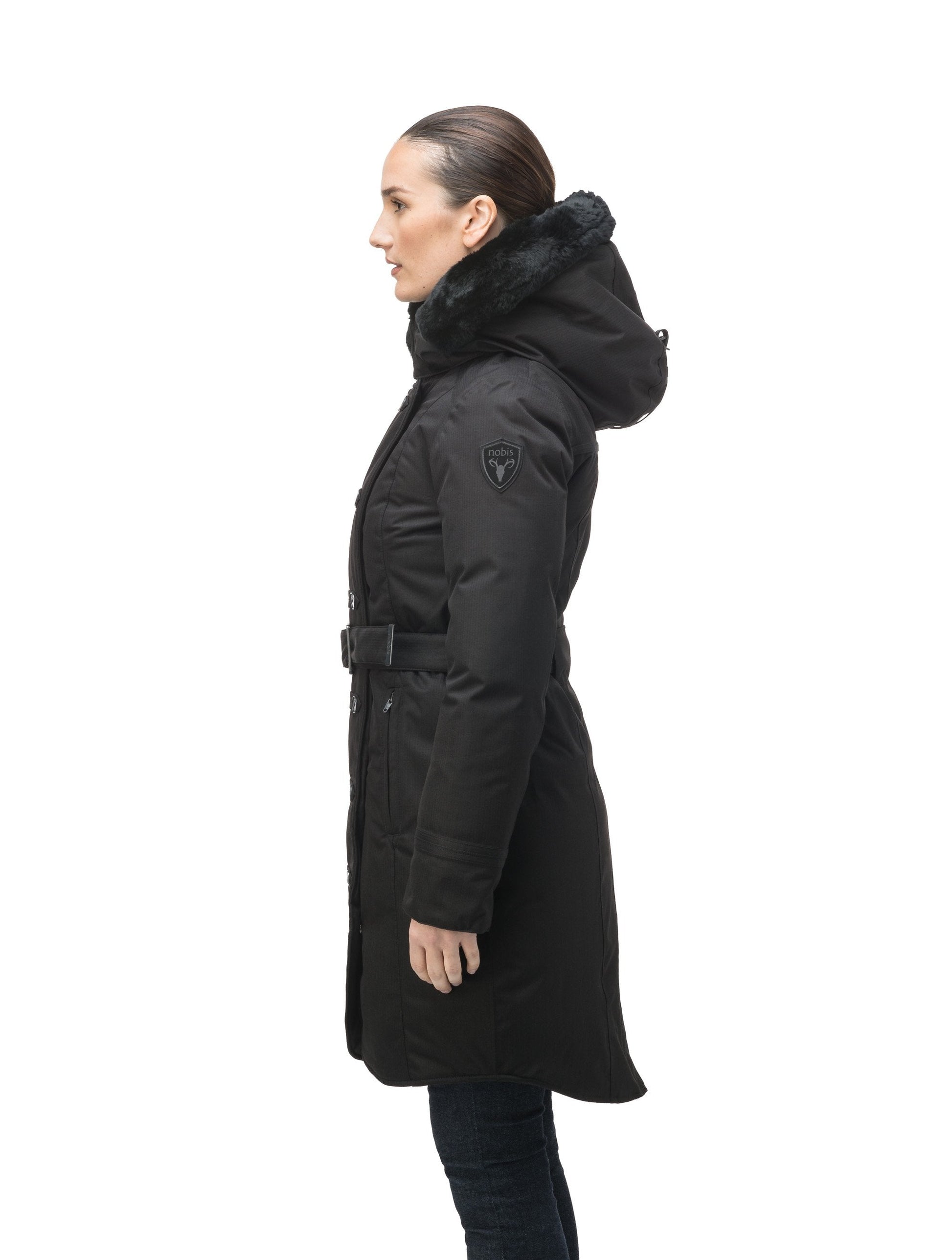 Women's down filled calf length parka with belted waist, and removable Rex Rabbit fur collar in CH Black