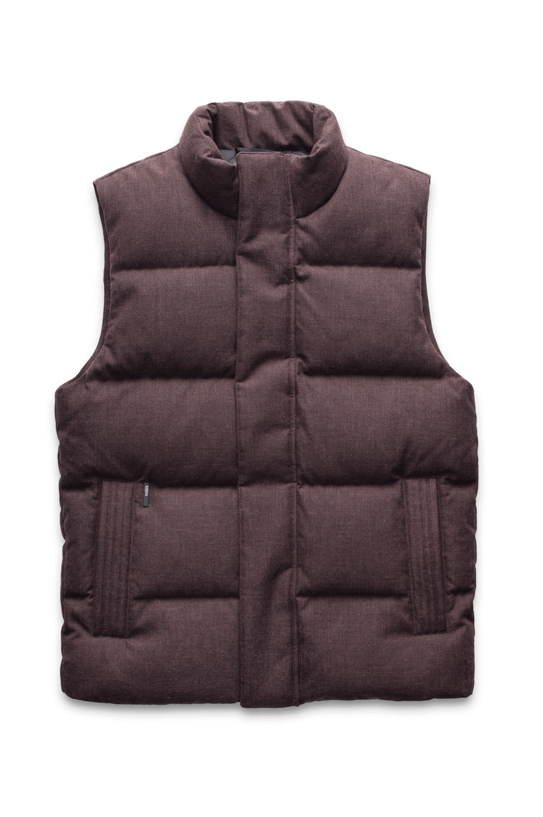 Vale Men's Quilted Vest in hip length, Canadian duck down insulation, and two-way zipper, in H. Burgundy