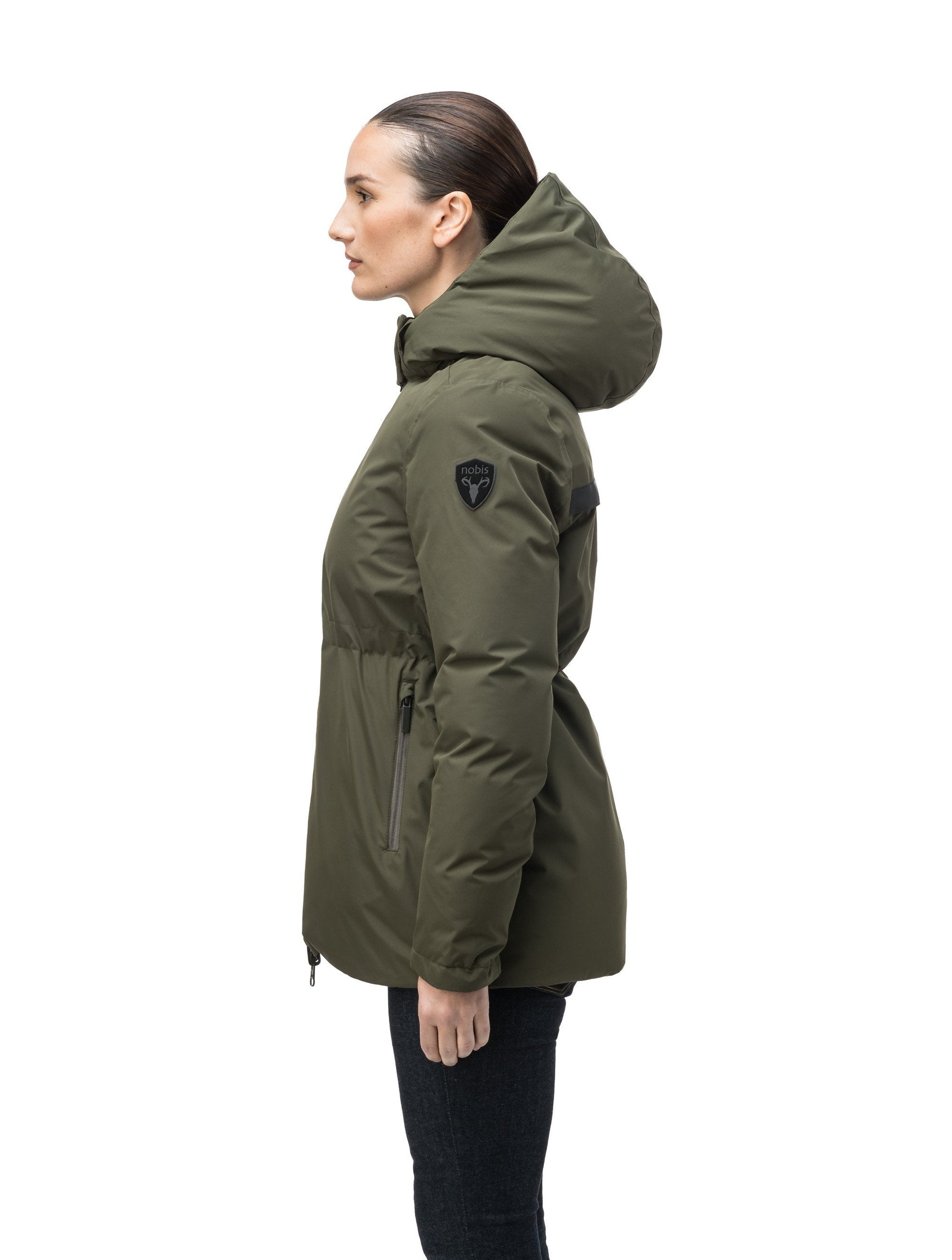 Hip length, reversible women's down filled jacket with waterproof exposed zipper in Fatigue