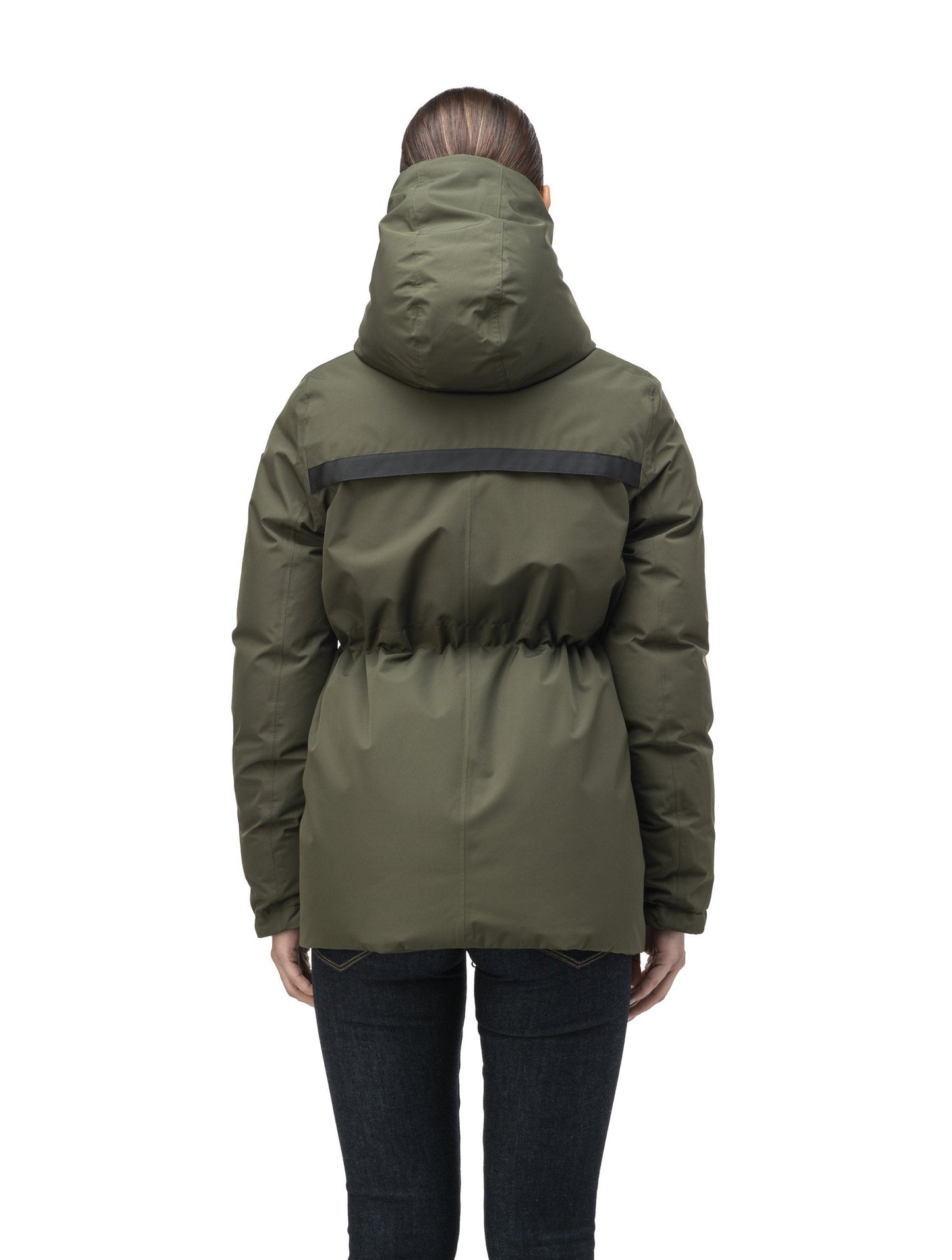 Hip length, reversible women's down filled jacket with waterproof exposed zipper in Fatigue