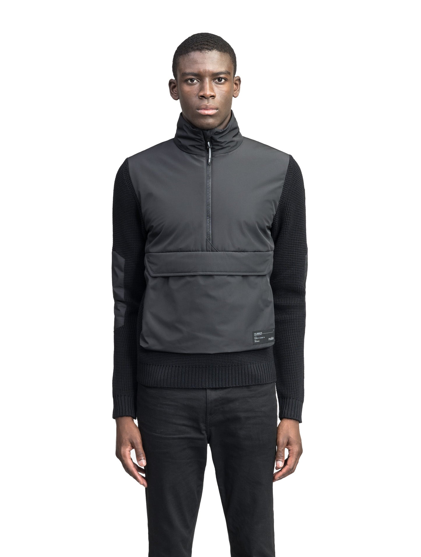 Wai Men's Performance Half Zip Sweater in hip length, 3-Ply Micro Denier and Merino wool knit fabrication, Primaloft Gold Insulation Active+, centre front zipper, flap kangaroo pocket with magnetic closure, and hidden side-entry zipper pockets at waist, in Black