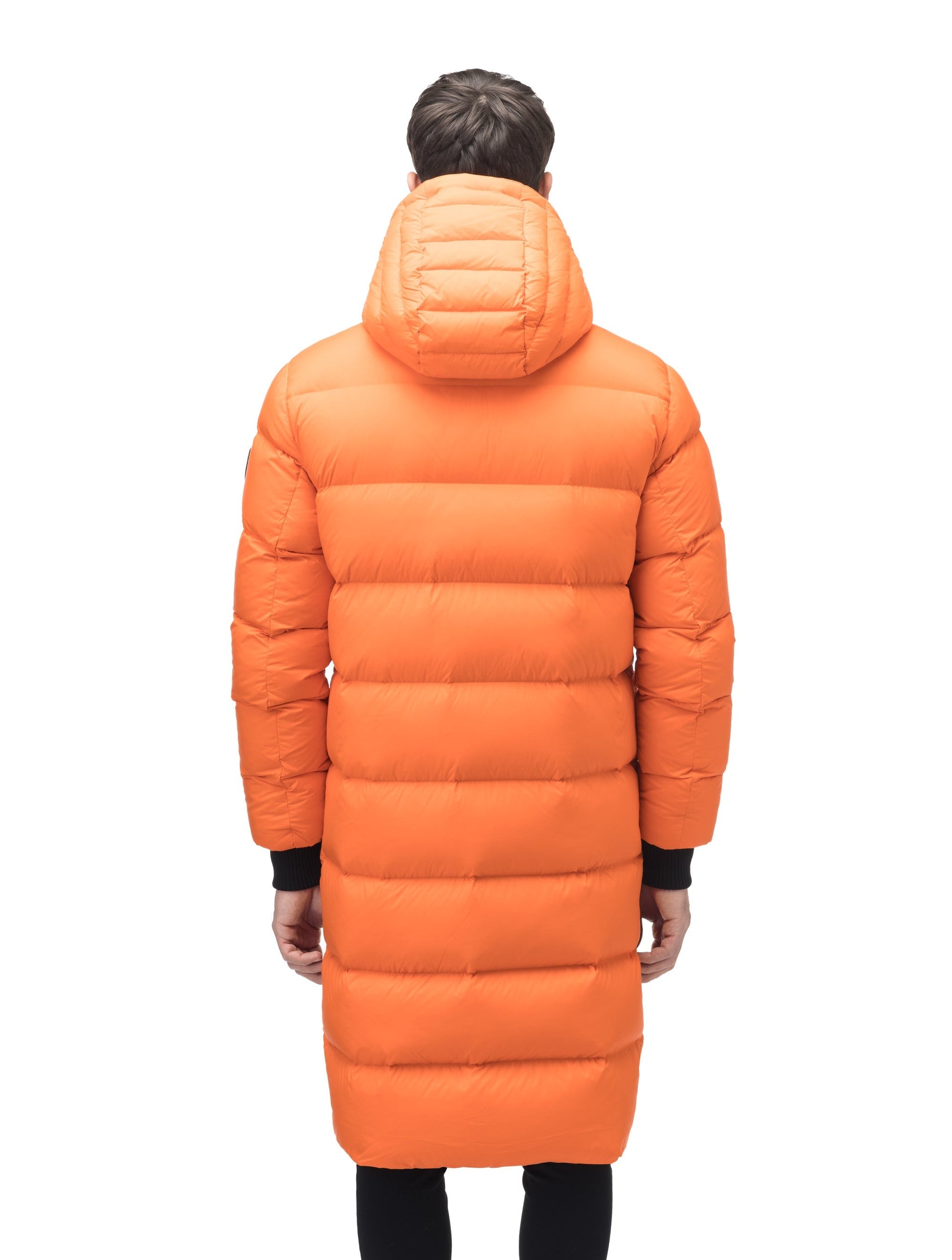 Men's knee length reversible down-filled parka with non-removable hood in Chalk/Atomic