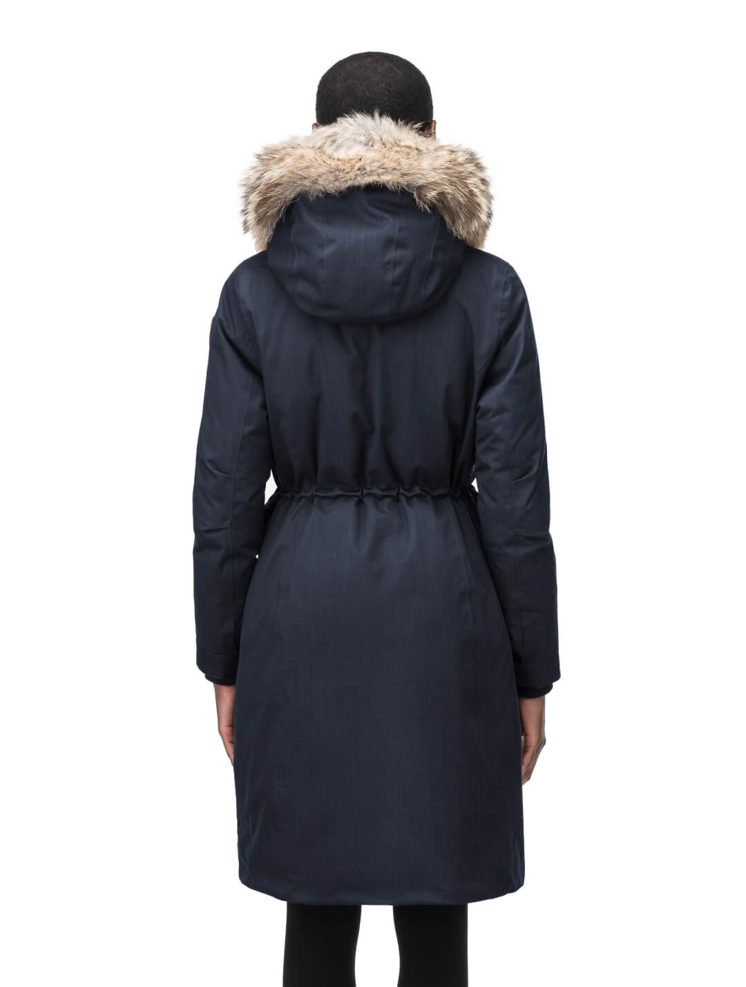 Zenith Ladies Knee Length Parka in knee length, Canadian duck down insulation, removable hood with removable fur ruff trim, and two-way front zipper, in Navy