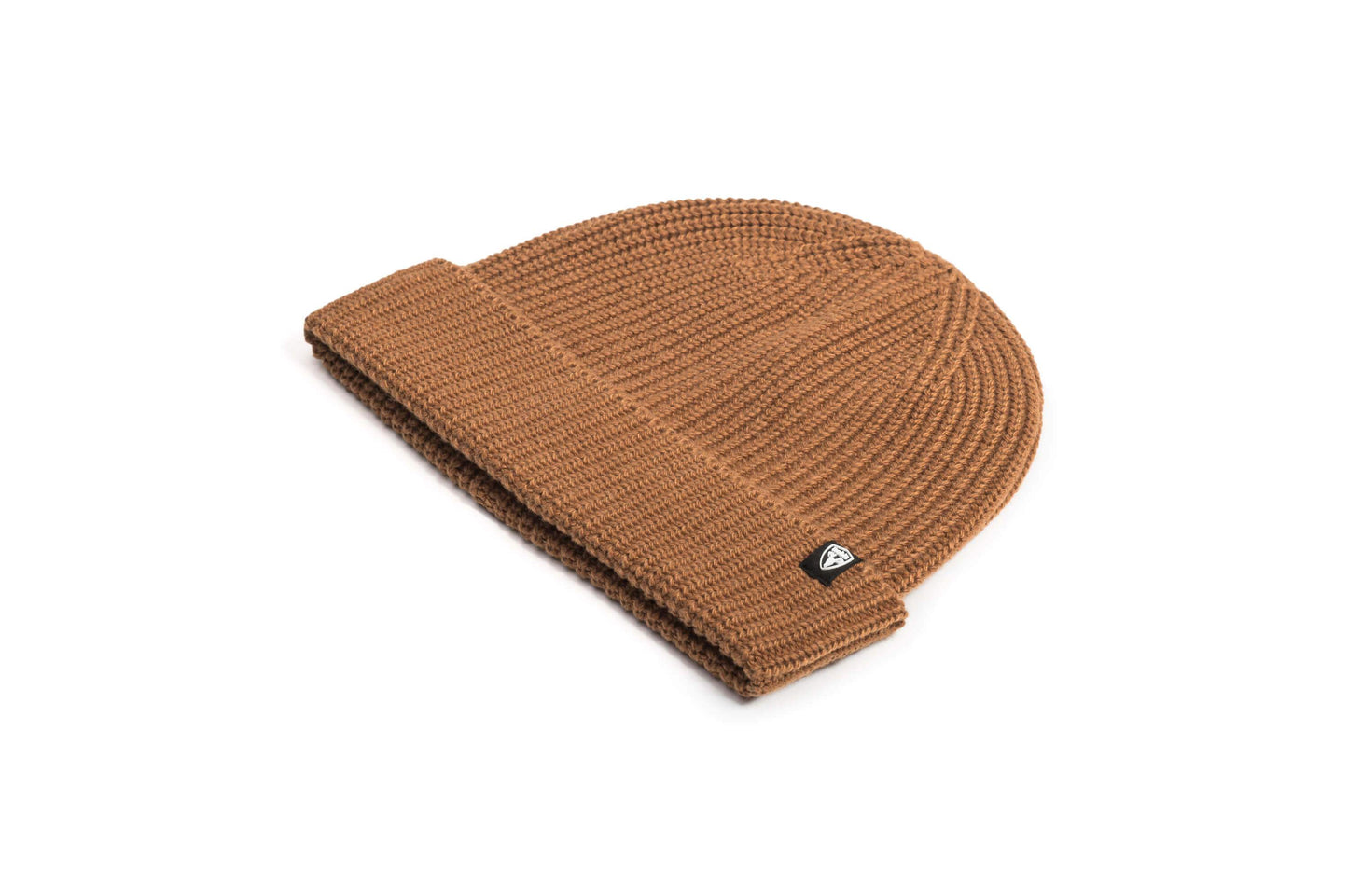 Elain Unisex Knit Toque in ribbed fabric, and Nobis label on cuff, in Cognac
